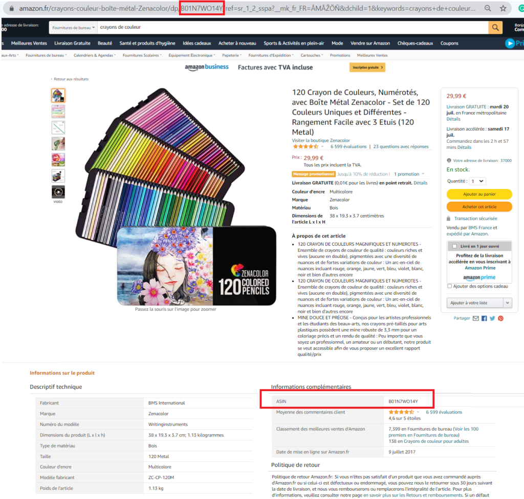 Comment trouver ASIN page produit Amazon