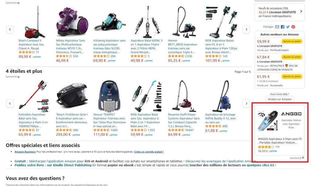 Sponsored Display dans les résultats d'une page produit Amazon