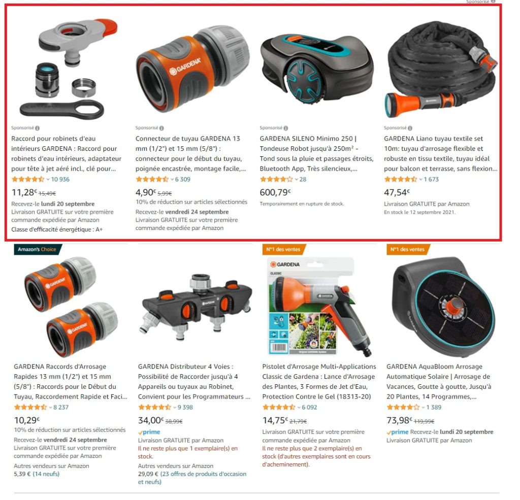 Sponsored Products dans les résultats de recherche Amazon
